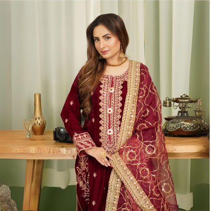 (Maroon) Luxury Velvet Ready to Wear Embroidered Collection by Simrans