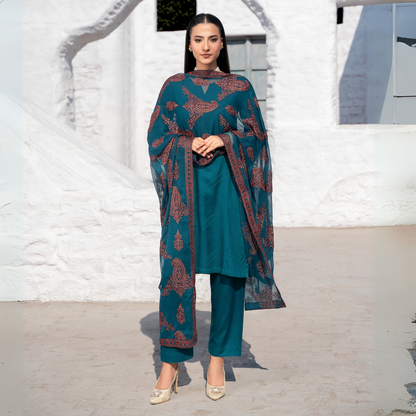 3 Pc Solid Slub Linen Dress with Embroidered Chiffon Dupatta| Winter Collection | Raniya.h | RA-13