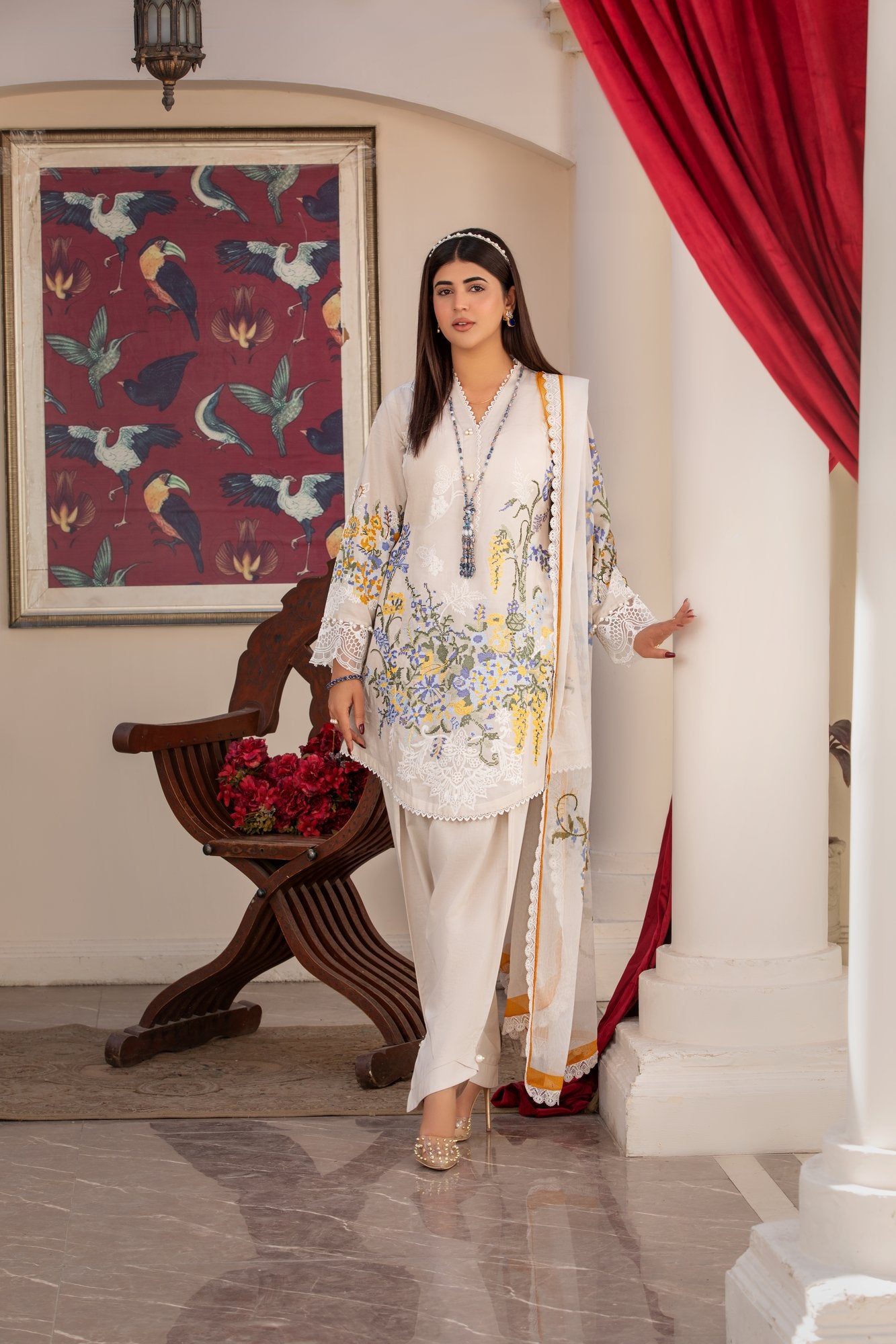 (Beige) 3 Pc Embroidered Lawn Dress-Heera's