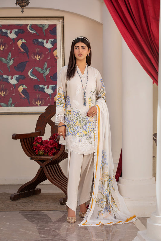 (Beige) 3 Pc Embroidered Lawn Dress-Heera's