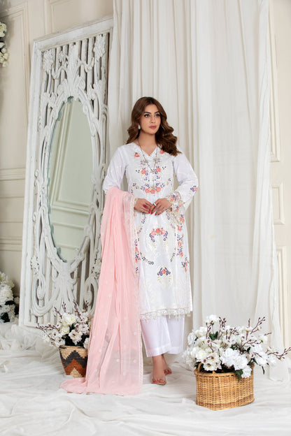 (White) 3 Pc Embroidered Cotton  Collection-Heera's