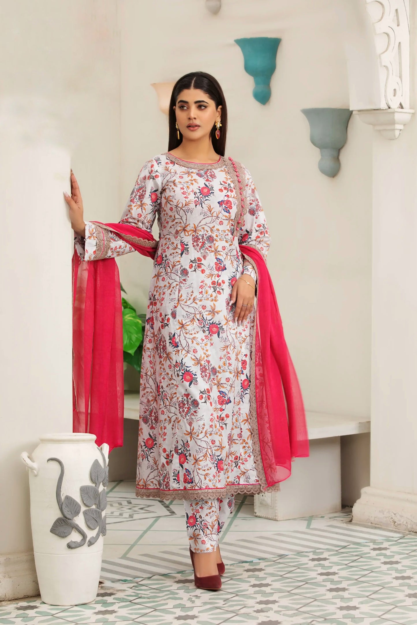 (Off White Frock Z.J) 3 Pc Embroidered Cambric Cotton Suit-Heera's