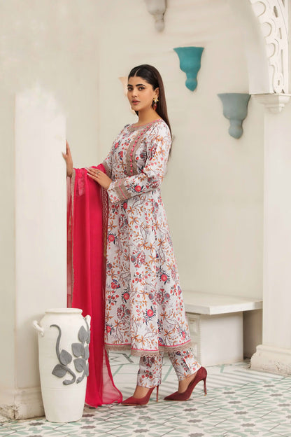 (Off White Frock Z.J) 3 Pc Embroidered Cambric Cotton Suit-Heera's