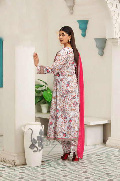 (Off White Frock Z.J) 3 Pc Embroidered Cambric Cotton Suit-Heera's