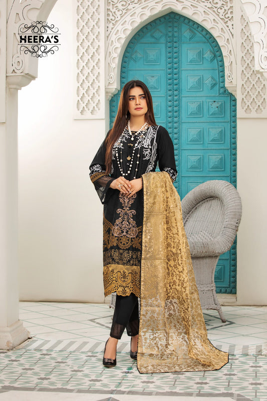 (MM. BLACK BY K.H) 3 Pc Embroidered Cambric Cotton Suit-Heera's