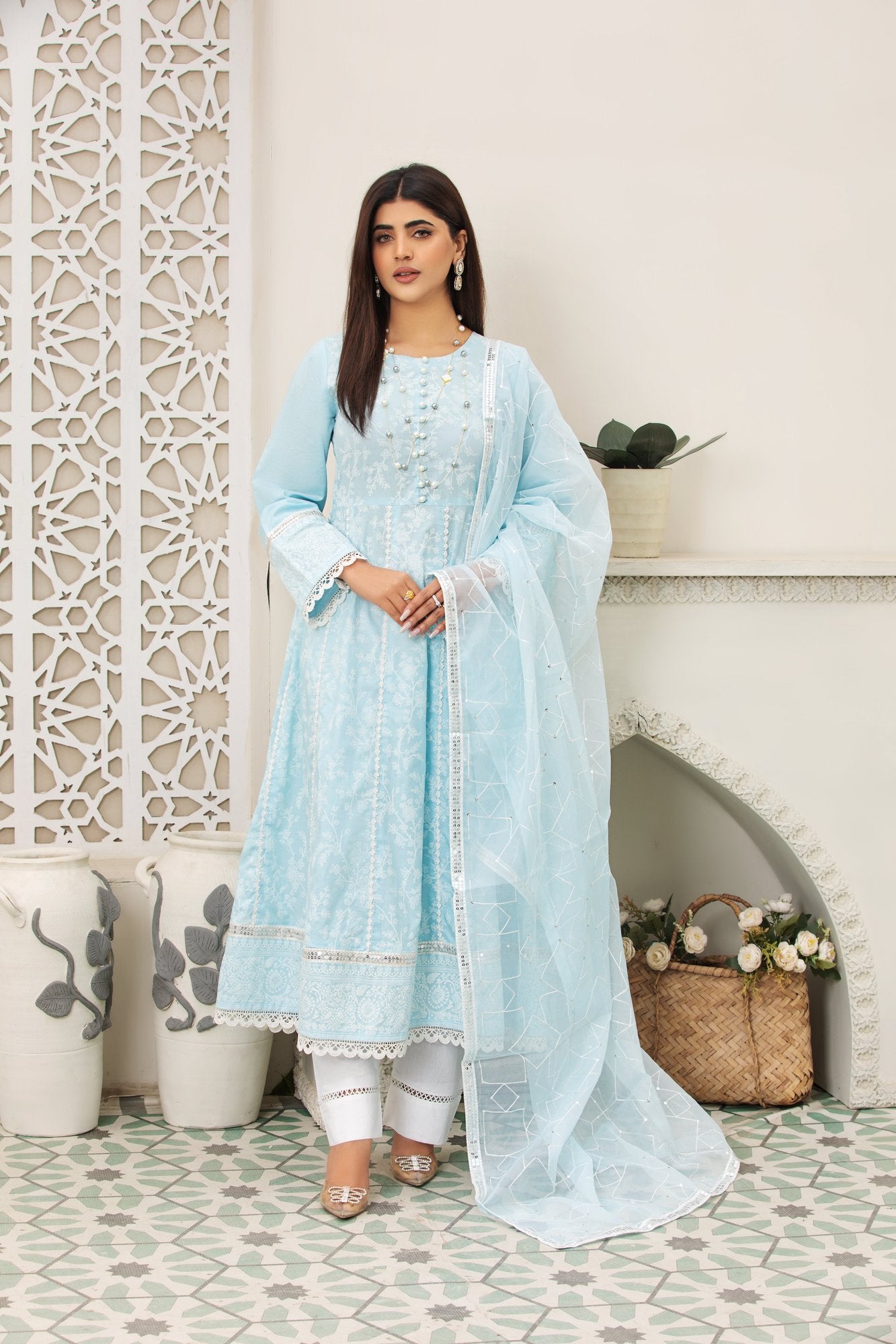 (Ice Blue) 3 Pc Embroidered Cambric Cotton dress -Heera's