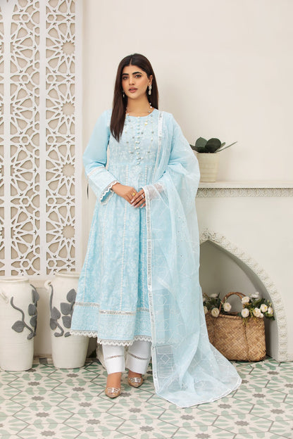 (Ice Blue) 3 Pc Embroidered Cambric Cotton dress -Heera's