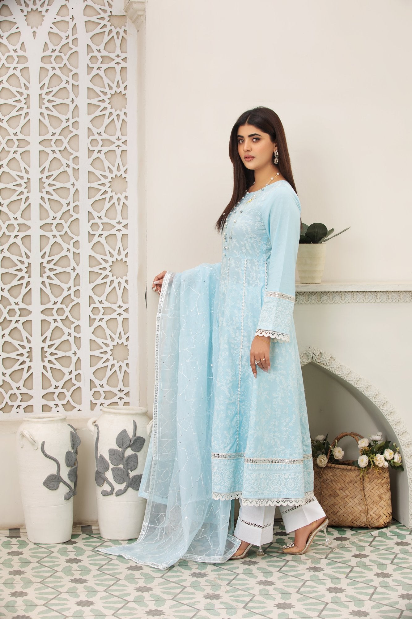 (Ice Blue) 3 Pc Embroidered Cambric Cotton dress -Heera's