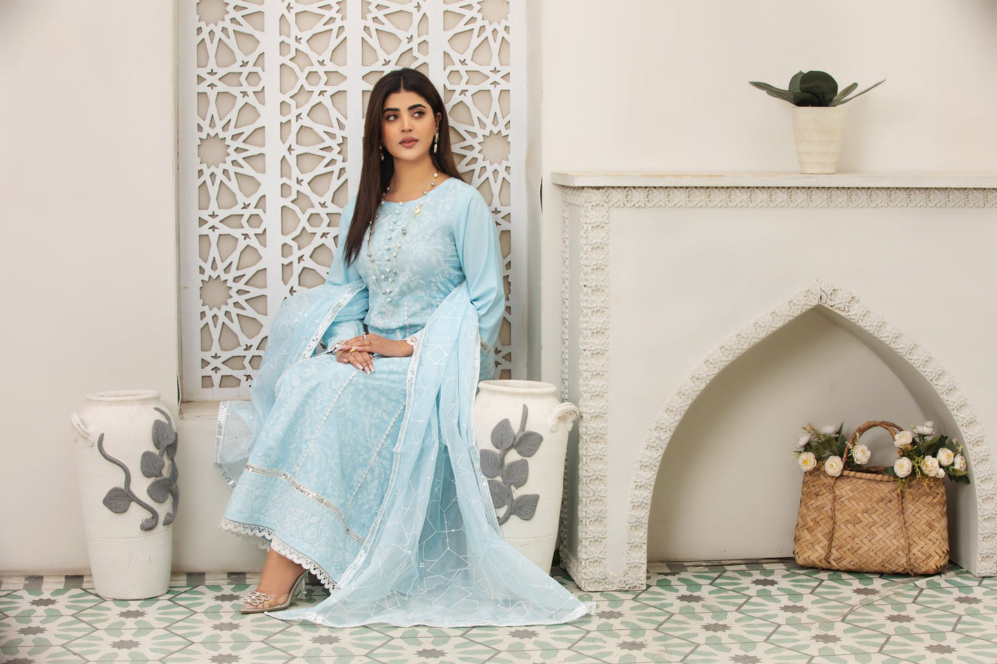 (Ice Blue) 3 Pc Embroidered Cambric Cotton dress -Heera's