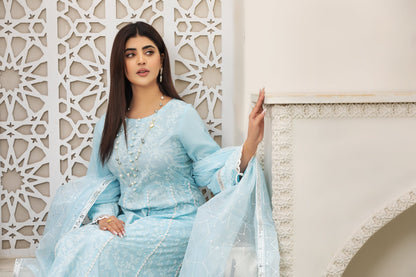 (Ice Blue) 3 Pc Embroidered Cambric Cotton dress -Heera's