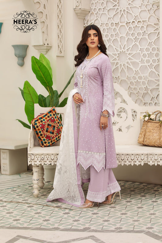 (LILAC Z.J) 3 Pc Embroidered Cambric Cotton Suit-Heera's