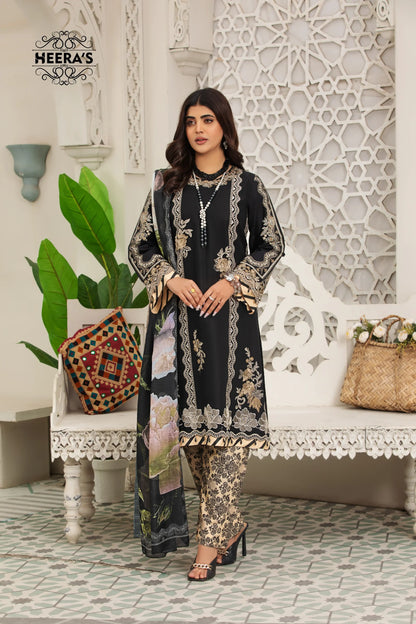 (BLACK FLORA) 3 Pc Embroidered Cambric Cotton Suit-Heera's