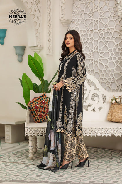 (BLACK FLORA) 3 Pc Embroidered Cambric Cotton Suit-Heera's