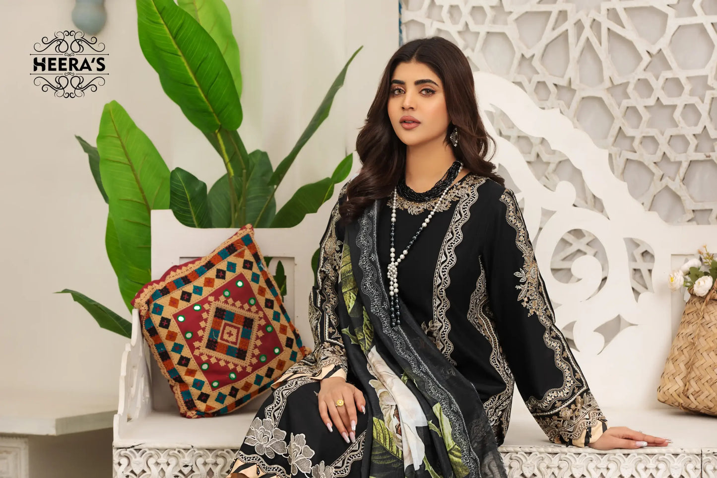 (BLACK FLORA) 3 Pc Embroidered Cambric Cotton Suit-Heera's