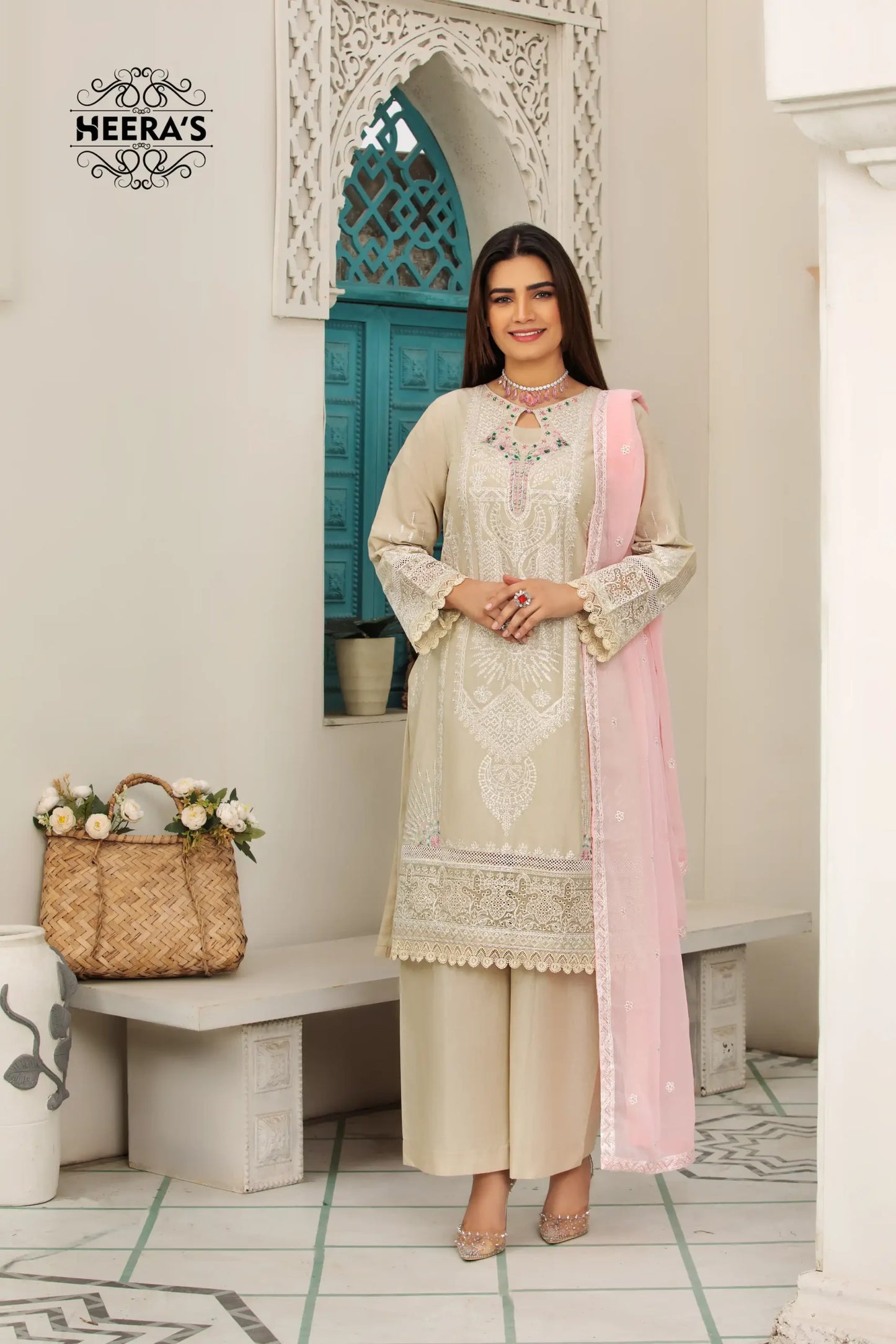 (BEIGE K.H) 3 Pc Embroidered Cambric Cotton Suit-Heera's