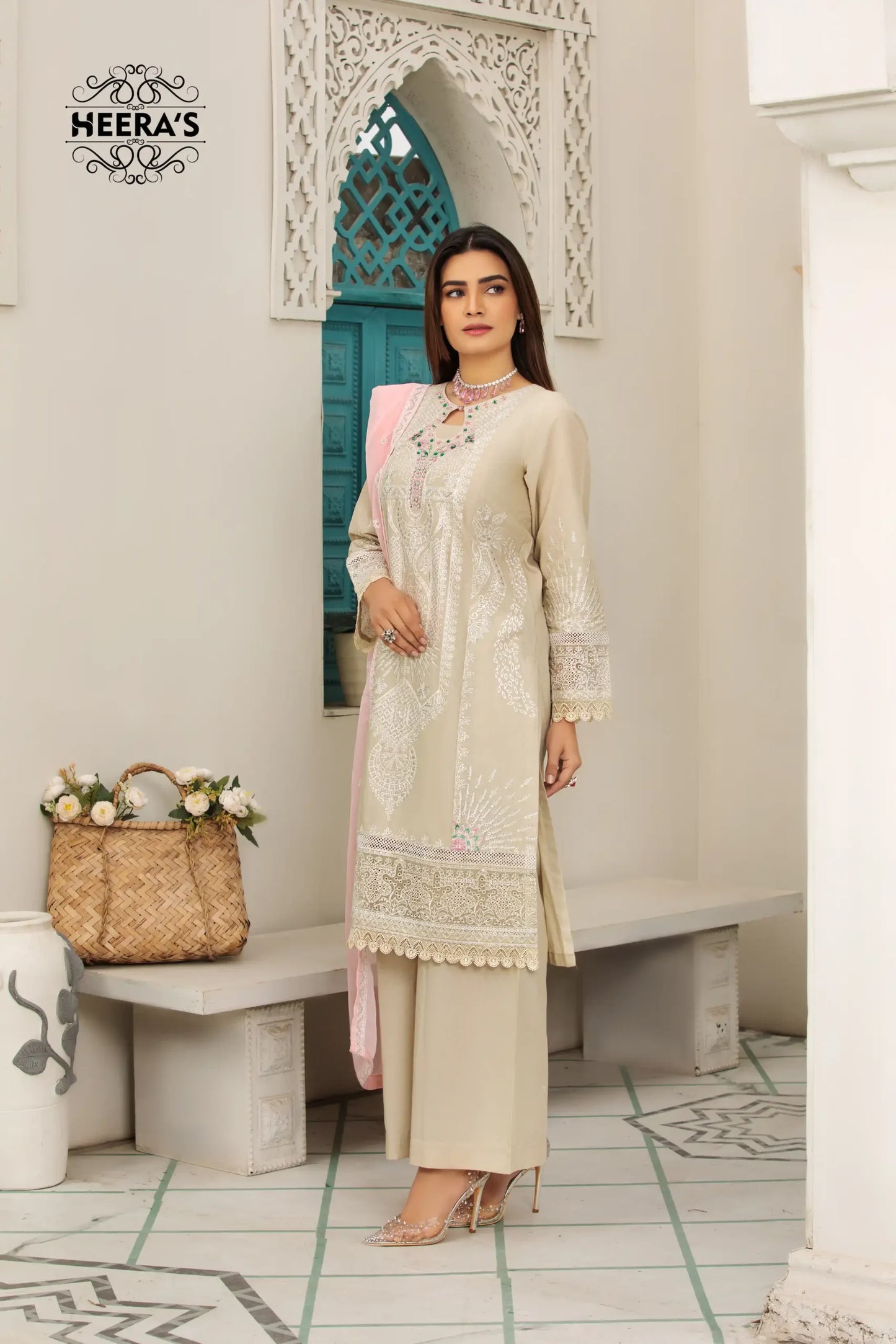 (BEIGE K.H) 3 Pc Embroidered Cambric Cotton Suit-Heera's