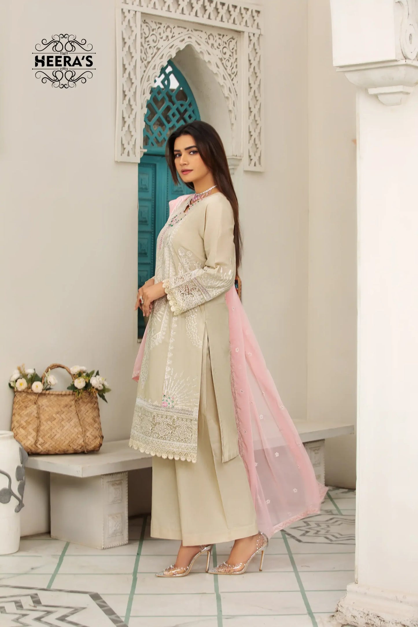 (BEIGE K.H) 3 Pc Embroidered Cambric Cotton Suit-Heera's