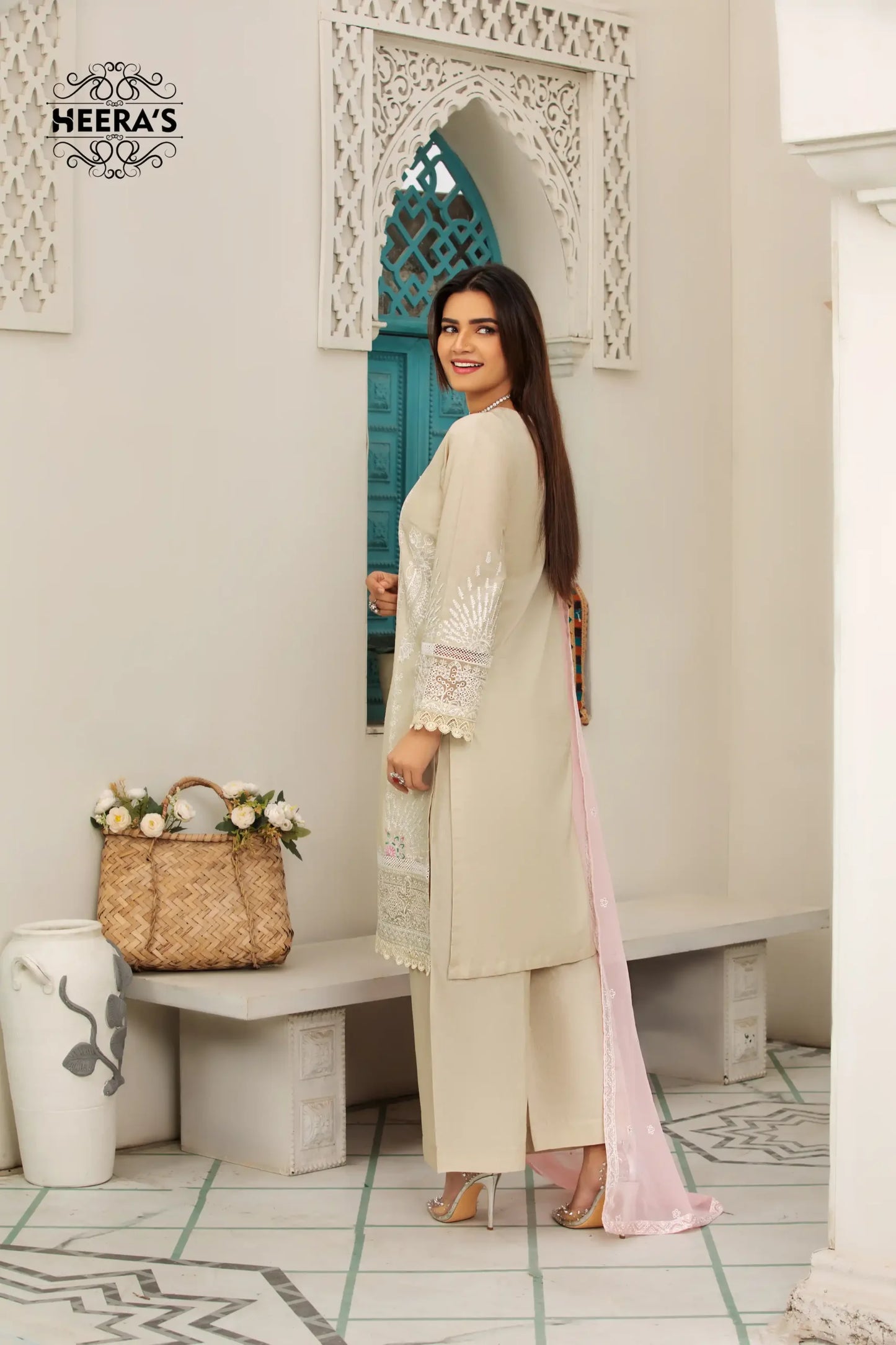 (BEIGE K.H) 3 Pc Embroidered Cambric Cotton Suit-Heera's