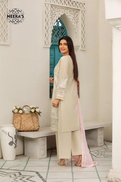 (BEIGE K.H) 3 Pc Embroidered Cambric Cotton Suit-Heera's