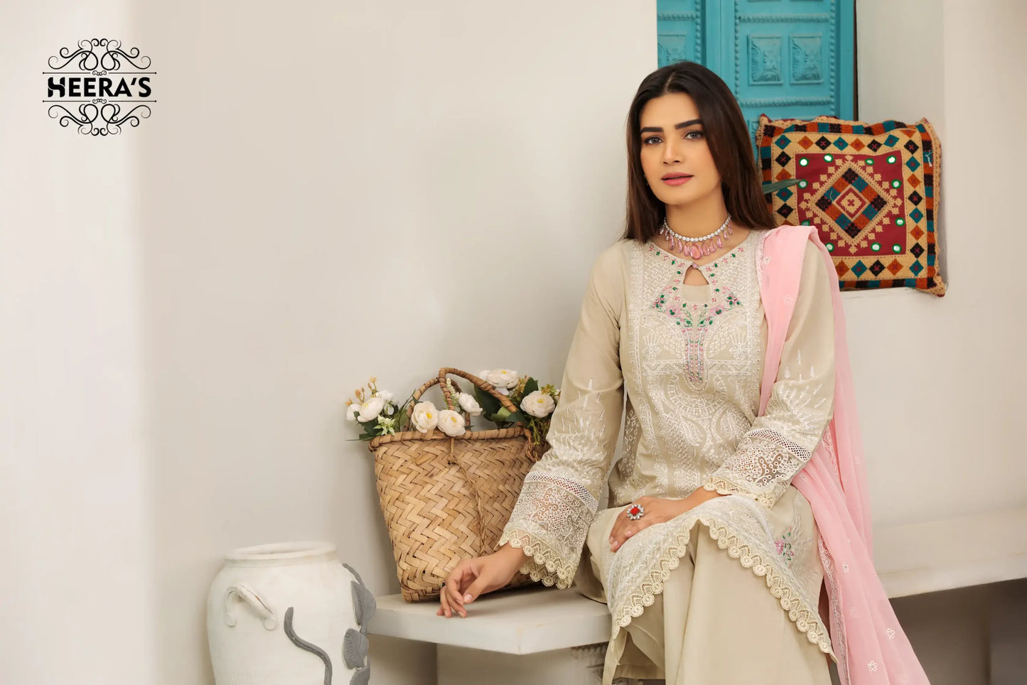 (BEIGE K.H) 3 Pc Embroidered Cambric Cotton Suit-Heera's