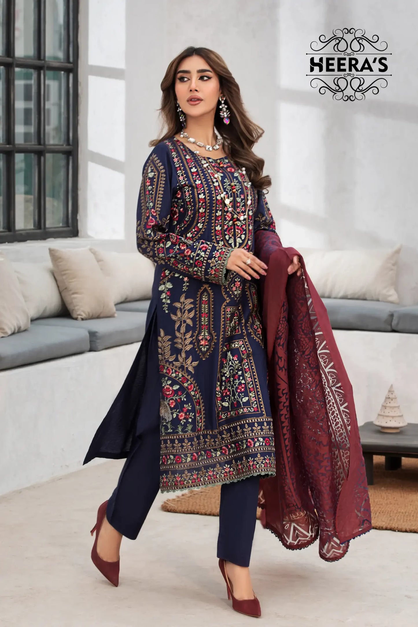 (GRADIENT GLEAM) 3 Pc Embroidered Cambric Cotton Suit-Heera's