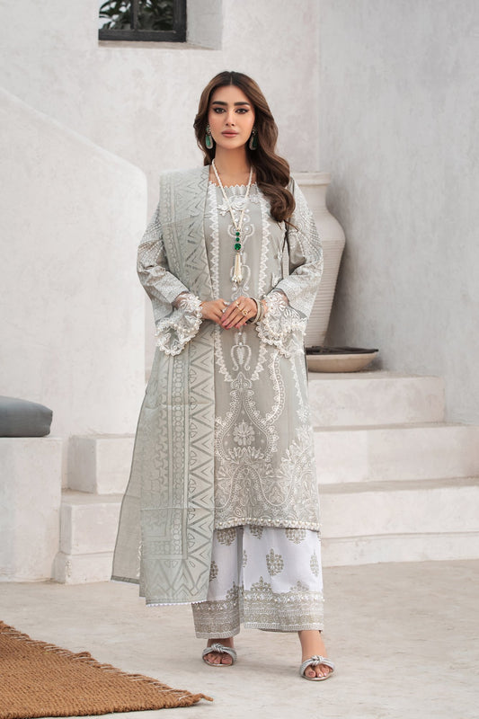 (GREY S.H) 3 Pc Embroidered Cambric Cotton Suit-Heera's