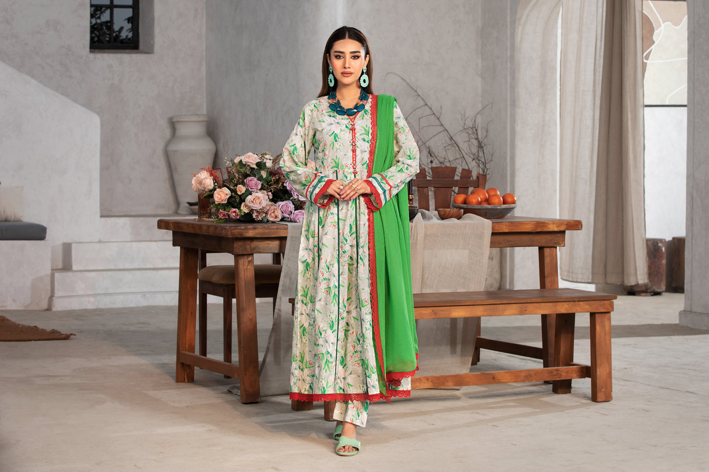 (Multi) 3 Pc Printed Cambric Cotton Long Frock -Heera's