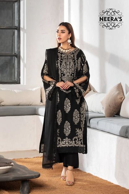 (Black Motif S.N) 3 Pc Embroidered Cambric Cotton Suit-Heera's