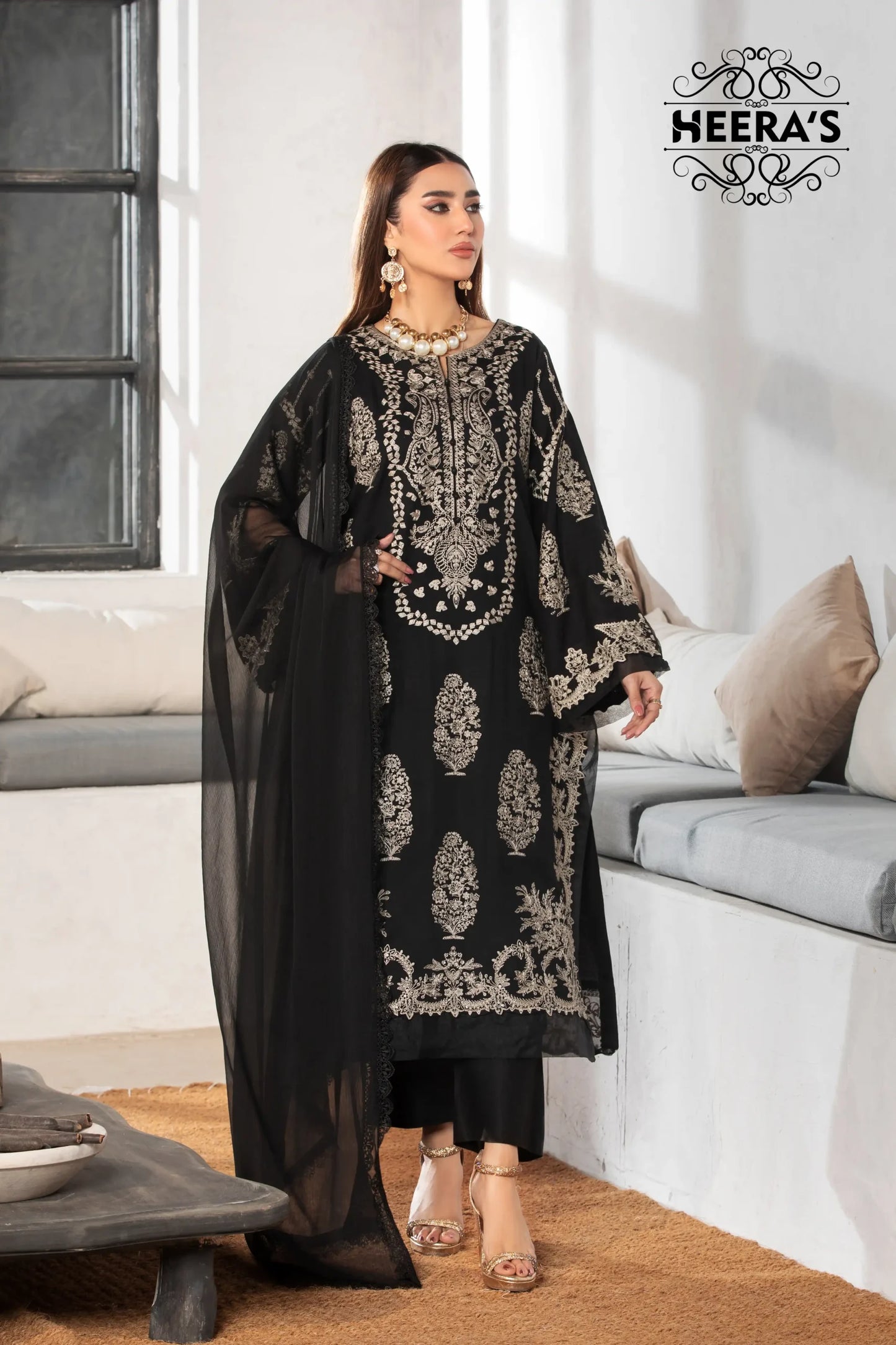 (Black Motif S.N) 3 Pc Embroidered Cambric Cotton Suit-Heera's