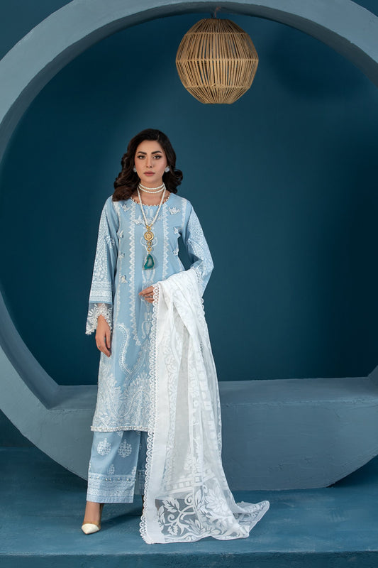 (SKY BLUE) 3 Pc Embroidered Lawn Dress-Heera's