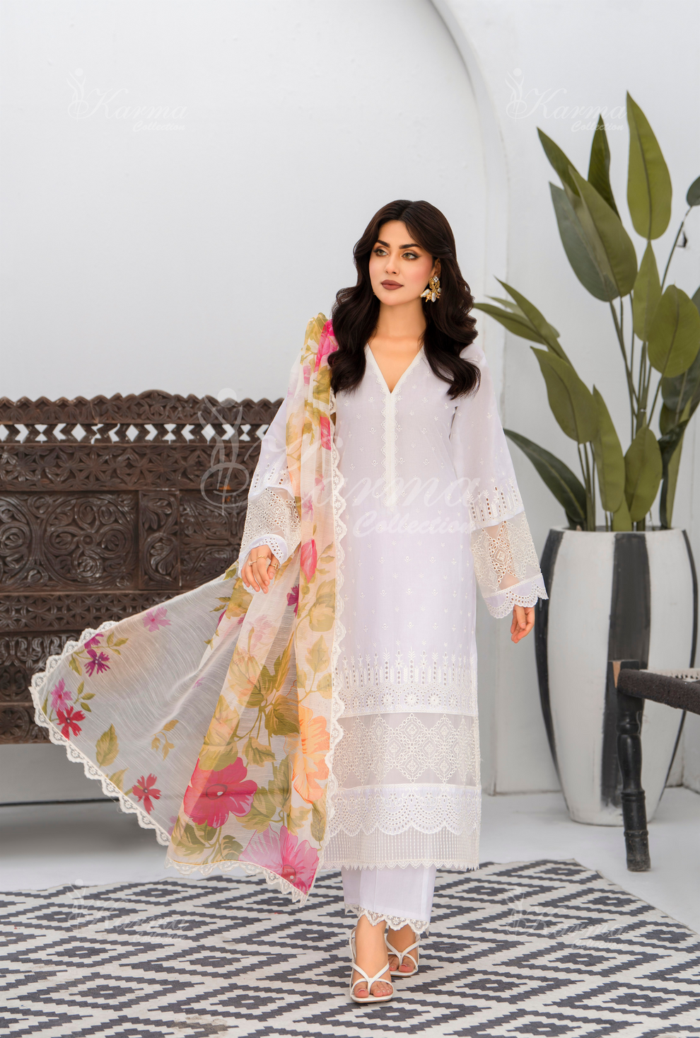 KC- 1392 | White | 3 Pc | Chikenkari Cotton Lawn | Karma Collection