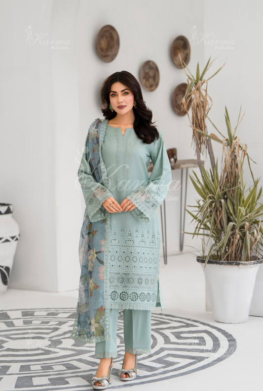 KC- 1394 | Mint Blue | 3 Pc | Chikenkari Cotton Lawn | Karma Collection