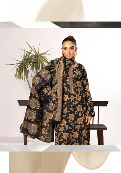 Black | Printed Linen Salwar Kameez & Dupatta | 3 Pc | Ready-to-wear | Simrans