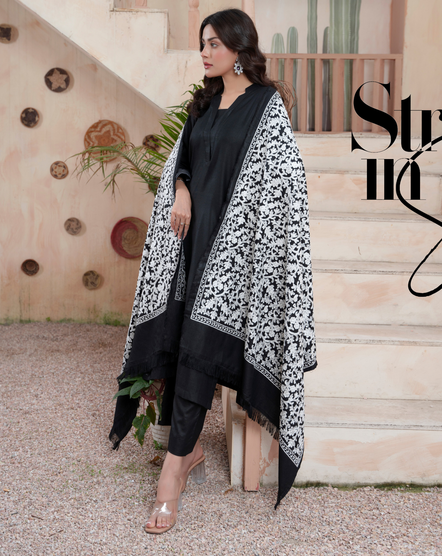 (Black) 3 Pc Dhanak Dress with Embroidered Wool Shawl Dupatta | Winter Wear | RANIYA.H