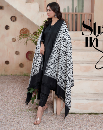 (Black) 3 Pc Dhanak Dress with Embroidered Wool Shawl Dupatta | Winter Wear | RANIYA.H