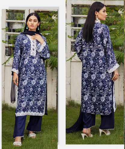 Blue & White | Printed Linen Salwar Kameez With Chiffon Dupatta| Ready to Wear 3 Pc dress - Rangz