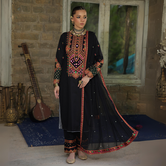 3 Pc Embroidered Linen Dress With Chiffon Dupatta|