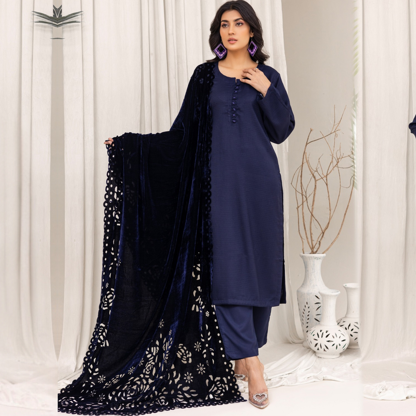 (Navy Blue) 3 Pc Dhanak Dress with Laser Velvet Shawl | Winter Collection | Rangz | UMRGZ3506