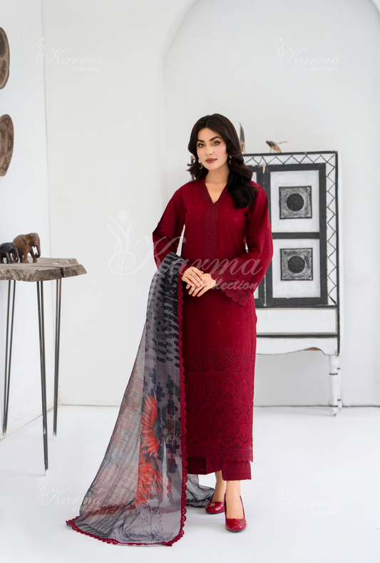 KC- 1393 | Rose Red | 3 Pc | Chikenkari Cotton Lawn | Karma Collection