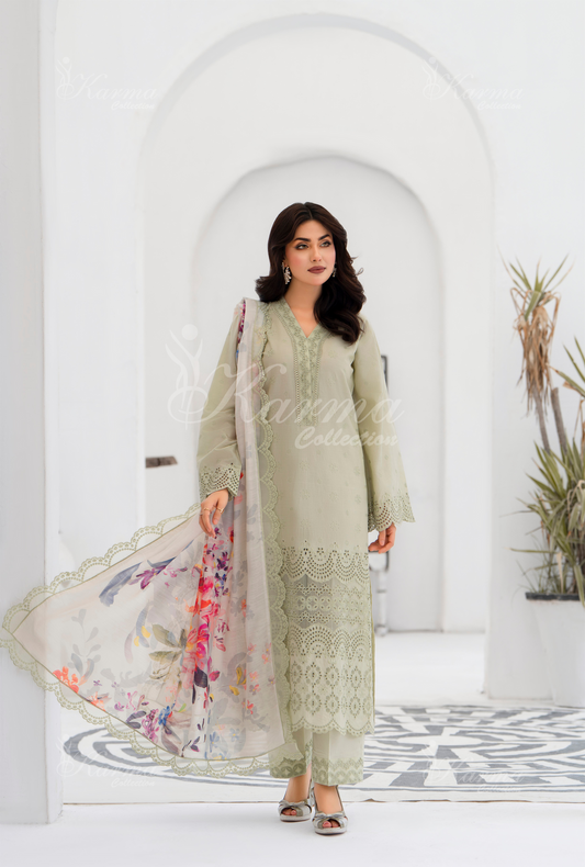 KC- 1386 | Greyish Green  | 3 Pc | Chikenkari Cotton Lawn | Karma Collection