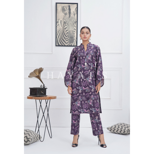 purple 2 Pc floral Printed Khaddar Pakistani Co-Ords Set | Ready to wear| Hayats