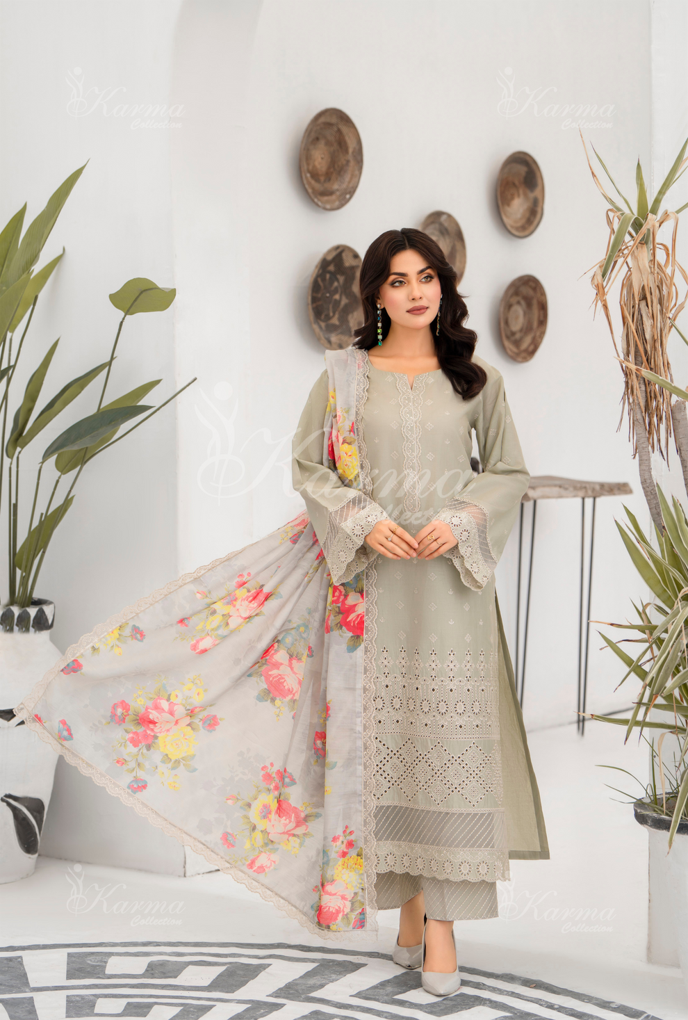 KC- 1387 | Beige | 3 Pc | Chikenkari Cotton Lawn | Karma Collection