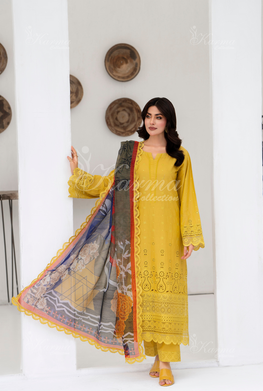 KC- 1385 | Mustard | 3 Pc | Chikenkari Cotton Lawn | Karma Collection