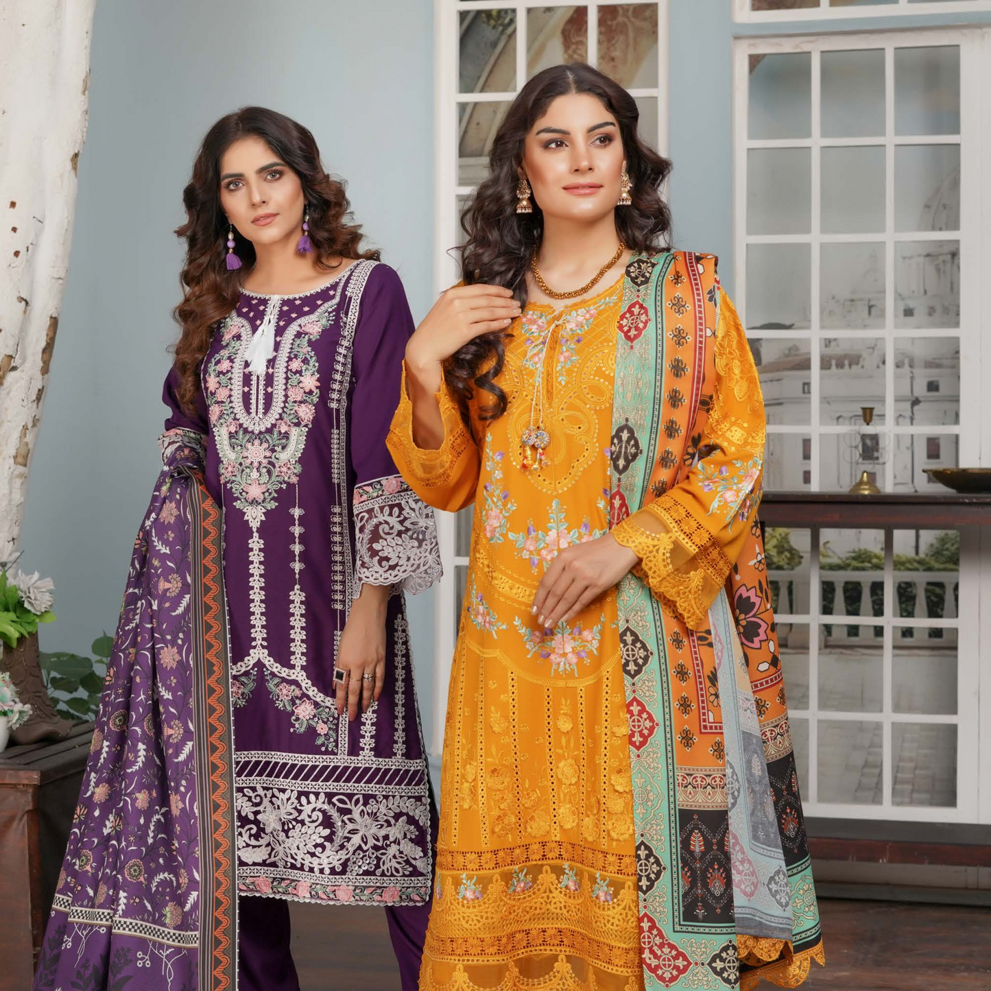 (PLUM) Heavy Embroidered Dhanak Ready to Wear Dress - MUNIRA