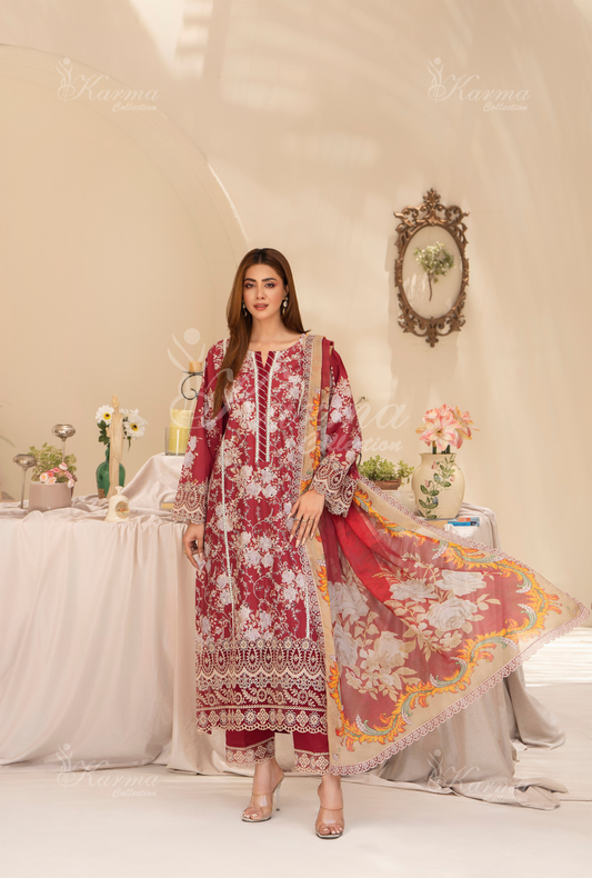 (Blush Red) Chickenkari Cotton Lawn 3 Pc - Karma Collection