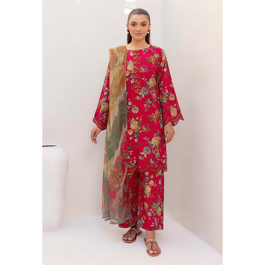 Hot pink 3 Pc Printed Khaddar Ready to Wear Dress - Adan's libas