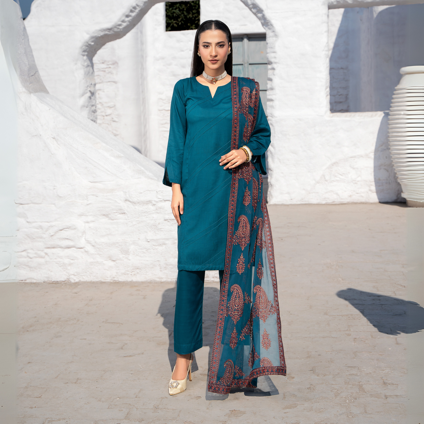 3 Pc Solid Slub Linen Dress with Embroidered Chiffon Dupatta| Winter Collection | Raniya.h | RA-13