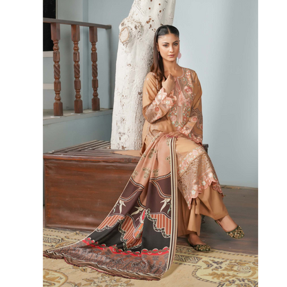 (Tan Peach) Heavy Embroidered Dhanak Ready to Wear Dress - MUNIRA