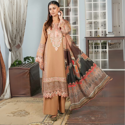 (Tan Peach) Heavy Embroidered Dhanak Ready to Wear Dress - MUNIRA