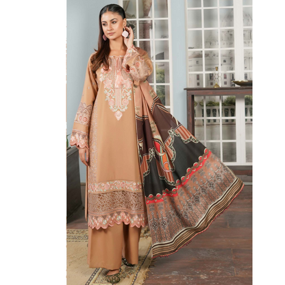 (Tan Peach) Heavy Embroidered Dhanak Ready to Wear Dress - MUNIRA